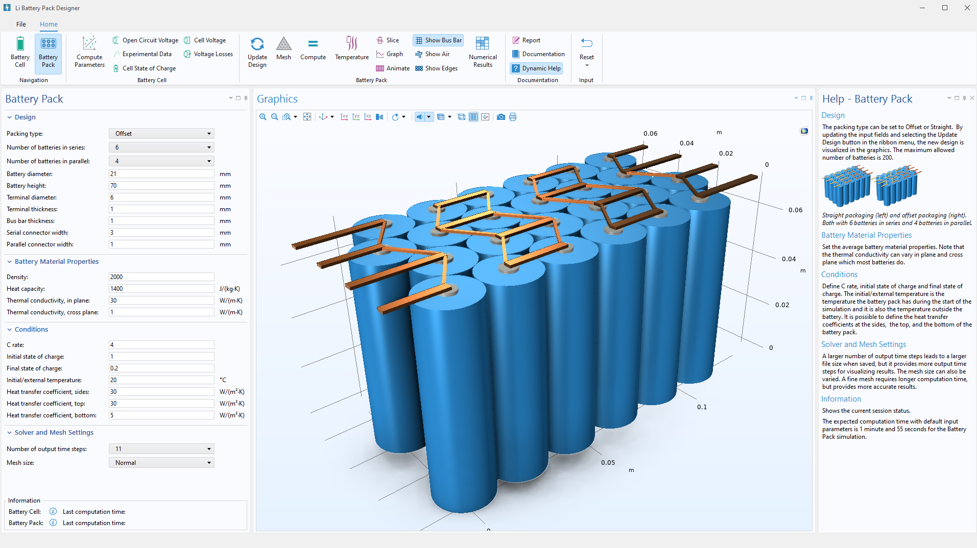 A compiled simulation app for analyzing a battery pack, with a ribbon at the top, input fields on the left, and the model on the right.COMSOL Multiphysics<sup>®</sup>
